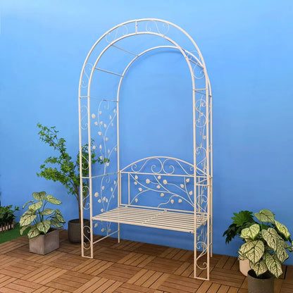 Garden arch bench, decorative wrought iron arch with seat, suitable for climbing plants and outdoor wedding arch