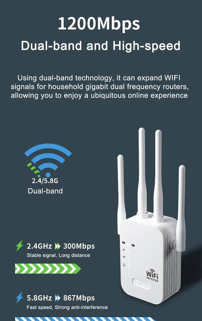 WiFi Repeater Wireless Extender 1200Mbps WiFi Booster 5G 2.4G Dual-band Network Amplifier Long Range Signal WiFi Router Home