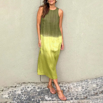 2024 Women Gradient Dress Split Sleeveless Maxi Dresses New Summer Casual Fashion Female High Street Vestidos