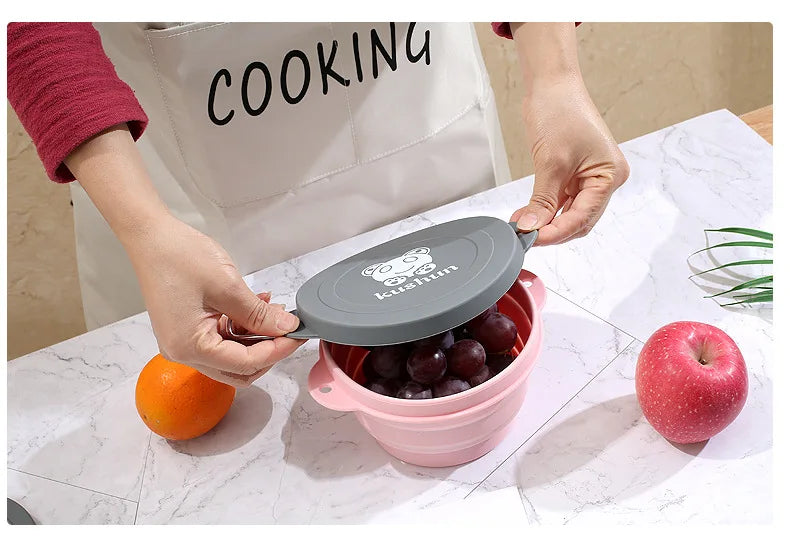 Travel Portable Silicone Folding Bowl Children's Travel Outdoor Tableware with Lid Foldable Noodle Bowl