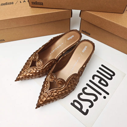 Women Sandals 2025 Spring Melissa Woman Slingback Shoes Fashion Ladies High Heels Elegant Med Heel Pointed Toe Slip on Sandal