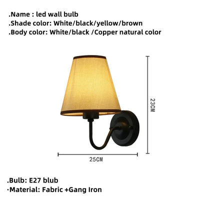 LED Retro Wall Lamp E27 Minimalist Creative Fabric Decorative Lamp Bedroom Hotel Bedside Study Indoor Household Lighting Fixture