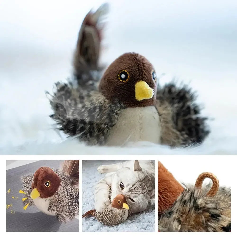 Interactive Cat Toys Electric Squeaky Simulation Bird Plush Cats Pets Teasing Toys with Feather Catnip Kitten Chirping Bird