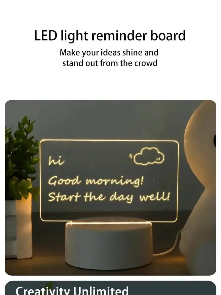 LED Light Note Board USB-Powered with Pen Acrylic Dry Erase Board Clear Desktop Note Message Soft Lights Desk Lamp Gift