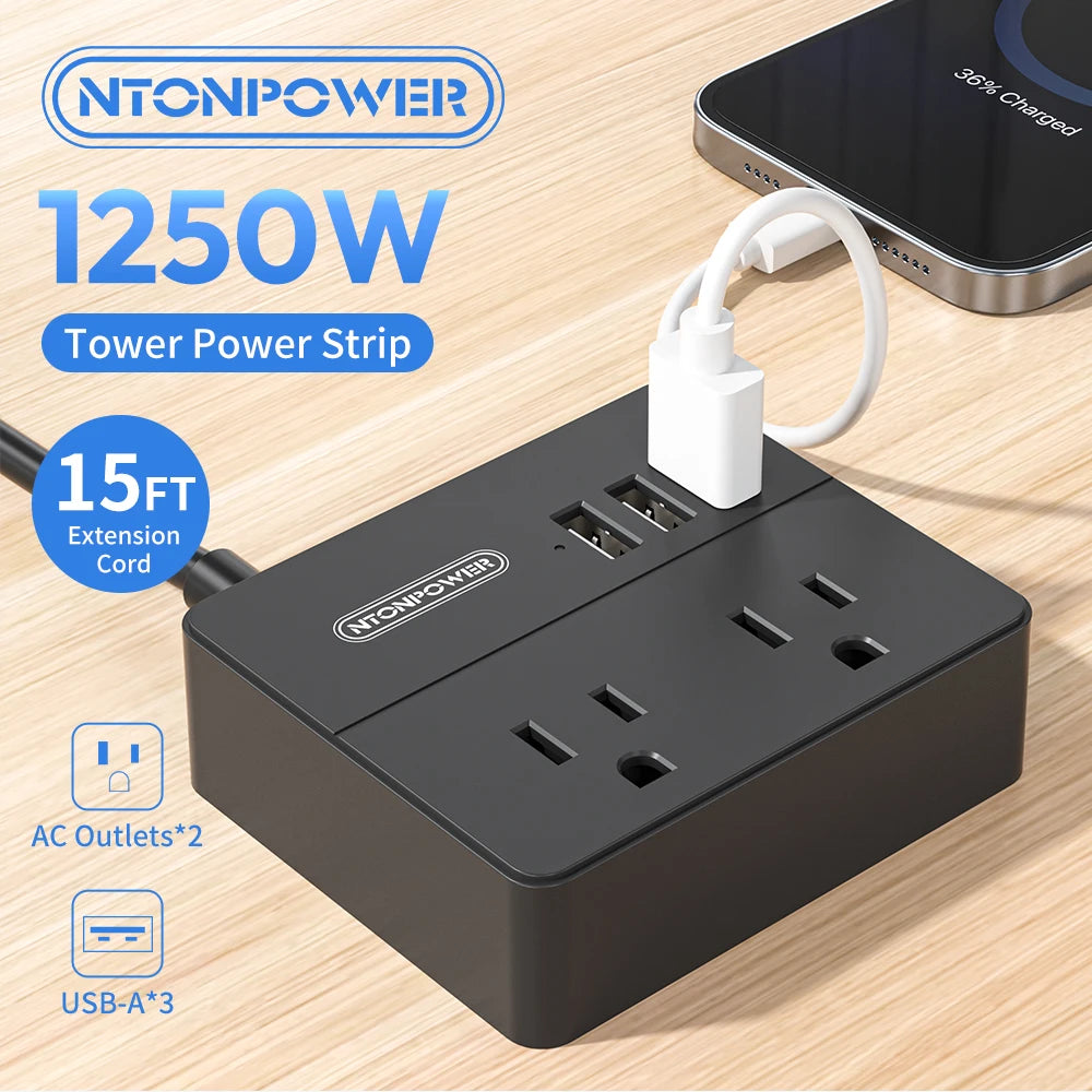 Power Strip US Plug 2 Outlets With 3USB Ports 15FT Extra-long Extension Cord（1.5/3/4.6 Meter）Smart USB Charger for Travel/Home