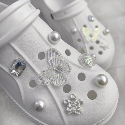 1 set 14pcs Transparent White Pearl Diamond Flower Shoes Decoration Charms Suitable For CROCS Clogs