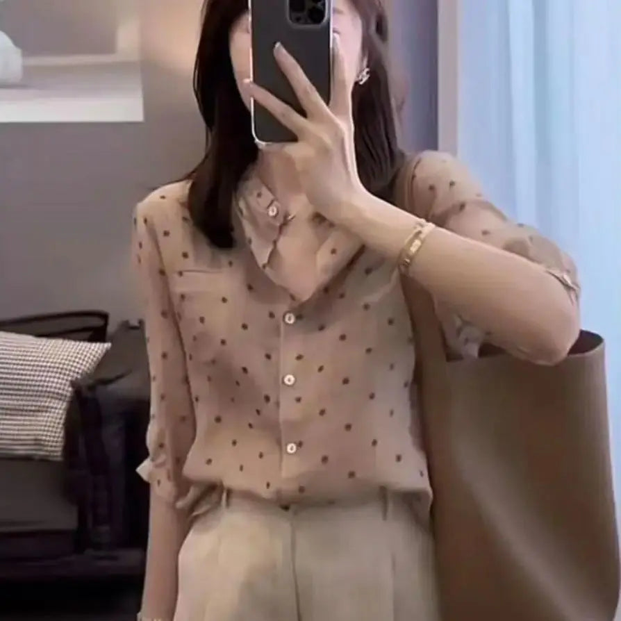 Elegant Summer Tops for Office Wear with Collar and Polka Dot Blouse for Women