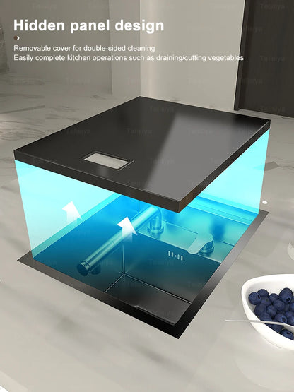 Hidden Kitchen Sink Bar Sink Kit Folding Faucet Drain Pipe,Drop-in Undermount Sink,Small Stainless Steel Sink for Workstation RV