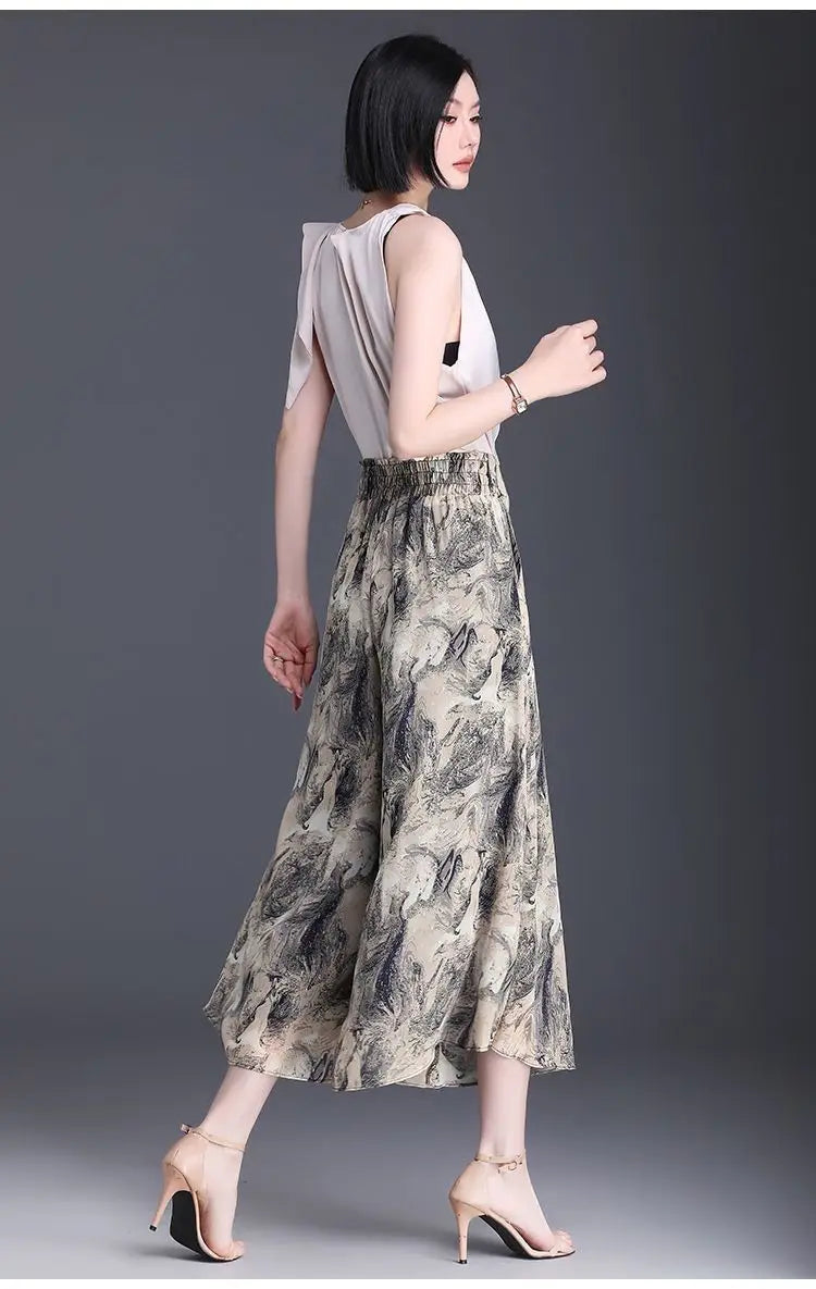 New Summer Print Palazzo Pants for Women Lightweight High Waisted Loose Skirt Pants
