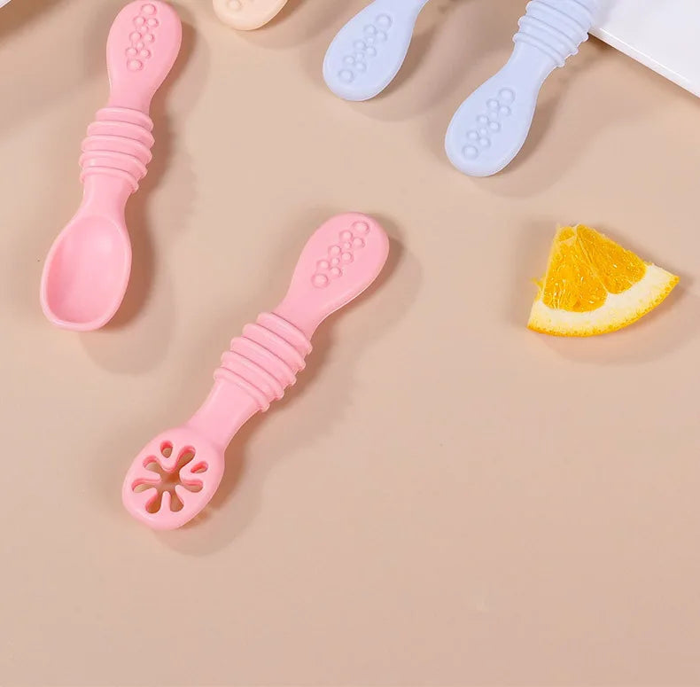 Food Grade Silicone Baby Training Fork Spoon Set for Teeth Grinding Complementary Rice Paste Baby Feeding Tableware