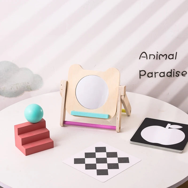 Baby Wooden Montessori Toys Mirror Tummy Time Infant Mirror Black White Contrast Visual Stimulation Sensory Development Toys
