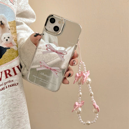 Two Pink Bow Mirror Phone Cases For IPhone 15 14 13 12 11 Drop Resistant Mirror Phone Cases With Bow Chain