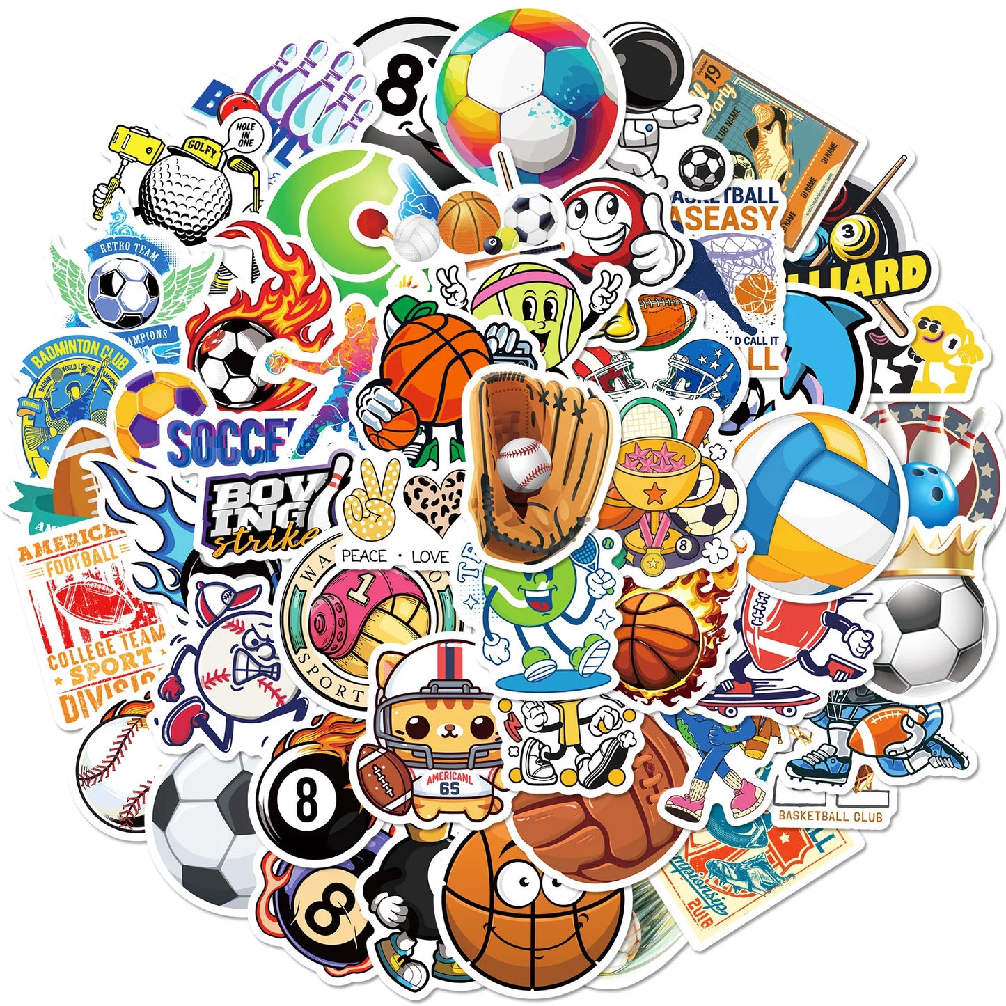 50 PCS Sports Stickers, Soccer Football Volleyball Golf Basketball Stickers, Sports Ball Stickers for phone