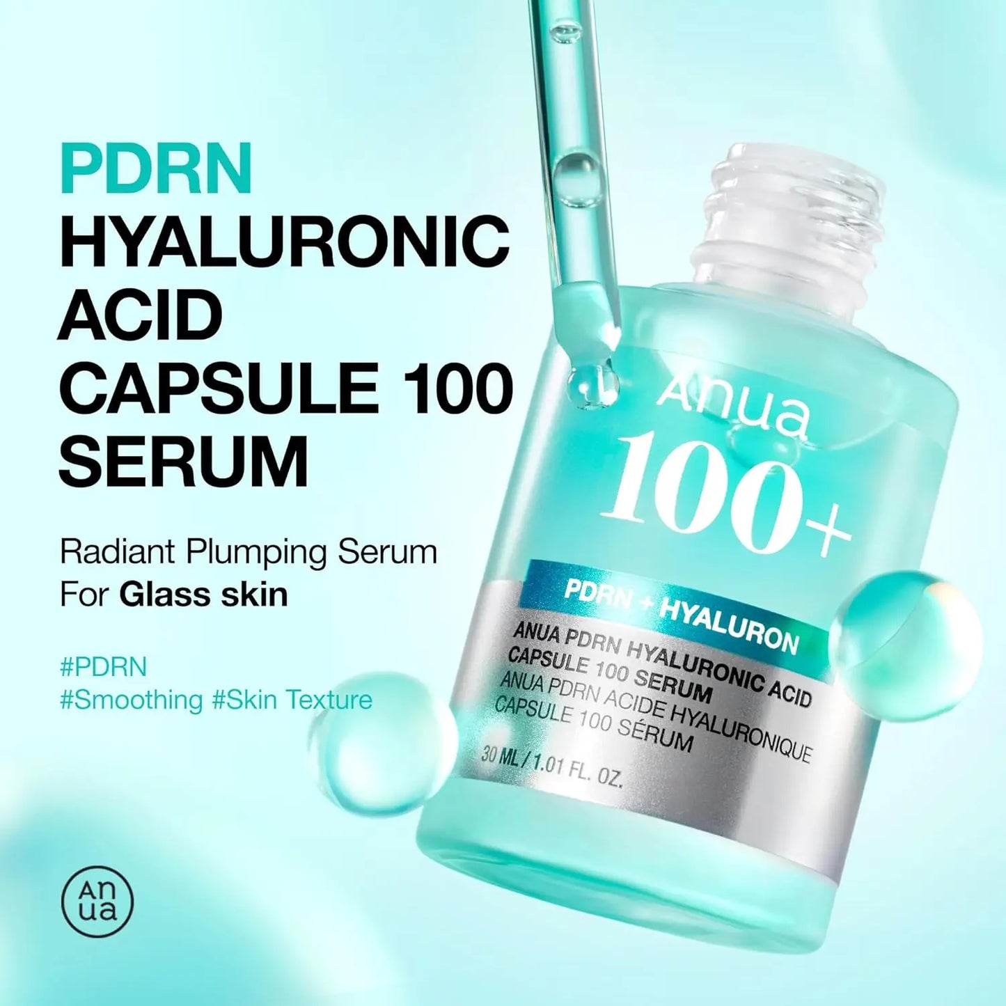 ANUA PDRN Hyaluronic Acid Capsules 100 Serum, Radiation Facial Serum, Hyaluronic Acid, Korean Skin Care Products, 30ml
