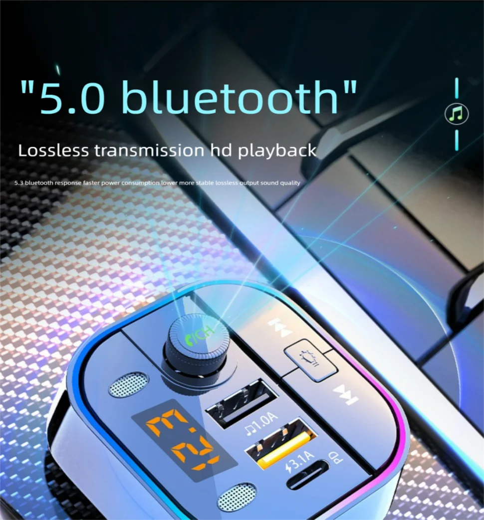 Bluetooth 5.0 Car FM Transmitter Car Bluetooth Receiver Ambient Hands-Free Mp3 Player Dual USB Fast Charger 5.0 Audio Adapter