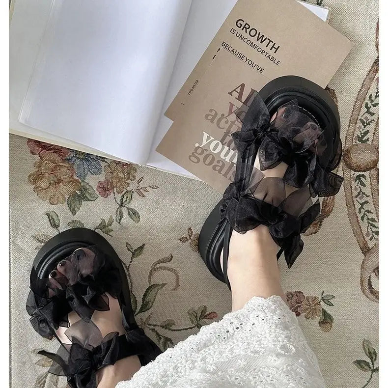 Women's Layered Bow Platform Sandals - Thick Cushioned Sole with Adjustable Ankle Buckle for Summer Casual Wear