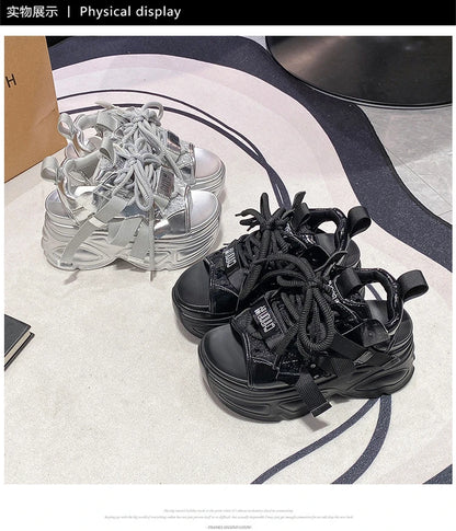 8.5cm Summer Women Leather Chunky Sandals High Platform Trainers Breathable Casual Slippers Shoes New Woman Heels Wedge Sneakers