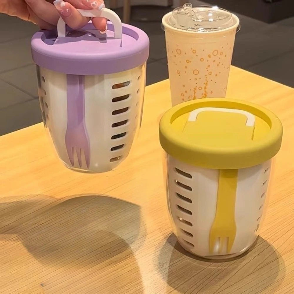 Salad Cup With Fork Cylindrical Plastic Fruit Cup Multifunctional Drainage Function Salad Container, Portable Lunch Box