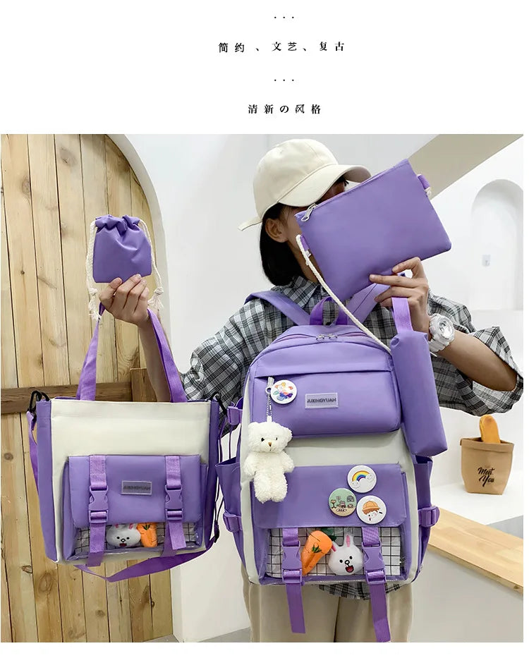 New Large-Capacity Primary School Junior High School Students Shoulders Backpack High School Five Sets of Multi-Compartment Fash