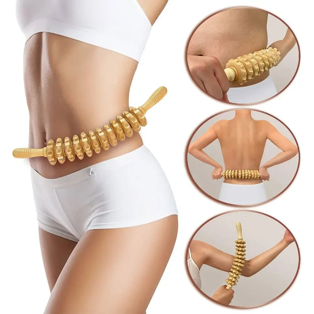 12 Rollers Wooden Curved Massager Handheld Roller Stick, Trigger Point Body Therapy Massager for Belly Waist Muscles Pain Relief