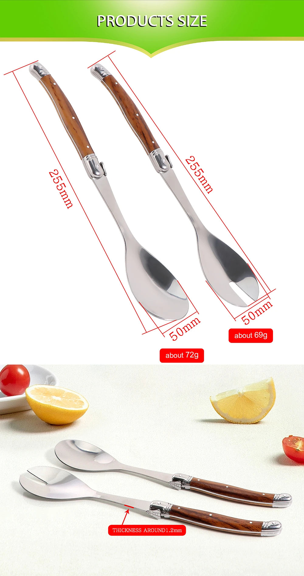 2pc/Set Stainless Steel Salad Spoons Laguiole Style Salad Stirring Spoon Slotted Spoon Wood Grain Plastic Salad Serving Utensils