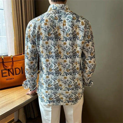 Fashion Brand Handsome High-end Slim Long-sleeved Floral Shirt for Men's New Casual and Trendy Temperament