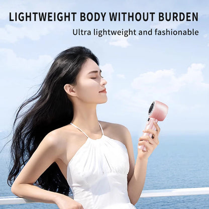 Digital display handheld fan with outdoor portability, USB rechargeable, featuring strong wind power, extended battery life.