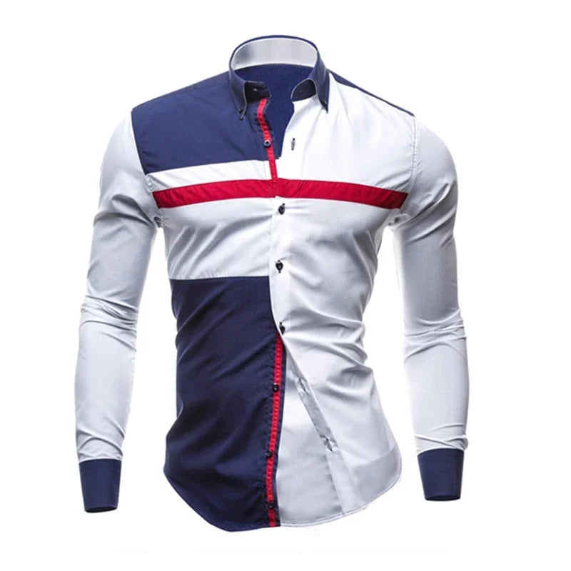 Men Long Sleeve Shirt 2025 Spring Striped Shirts Slim Fit Male Casual Social Patchwork Shirt Turn-down Collar Camisa Masculina