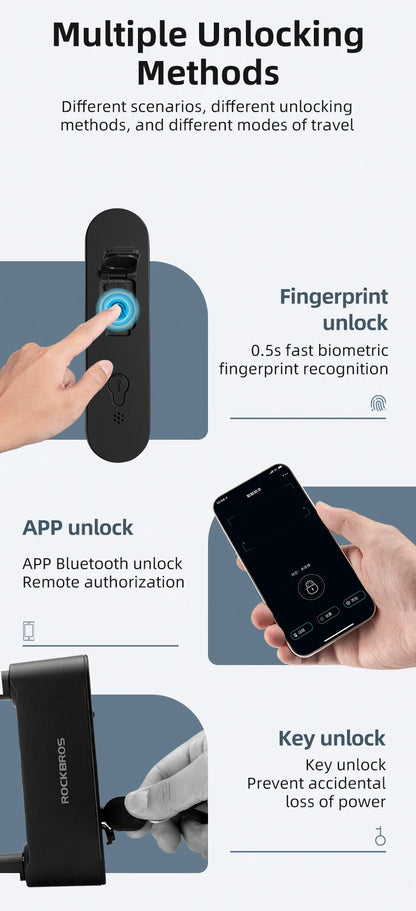 ROCKBROS Bicycle Smart Lock Bluetooth Fingerprint Unlock Waterproof High Strength Steel Alloy Anti-theft U-Lock Bike Accessories