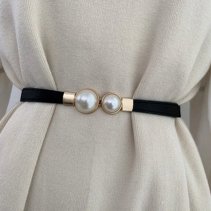 Elegant Double Pearls Buckle Elastic Women Belts Thin Straps Lady Girl Dress Skirt Decor Waistbands Trouser Decoration GM113