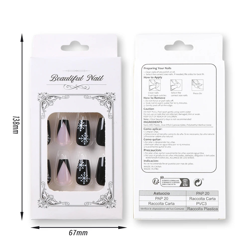 24Pcs Black Press on Nails White Snowflake Christmas Fake Nails Medium Square press on nails French Full Cover False Finger Nail