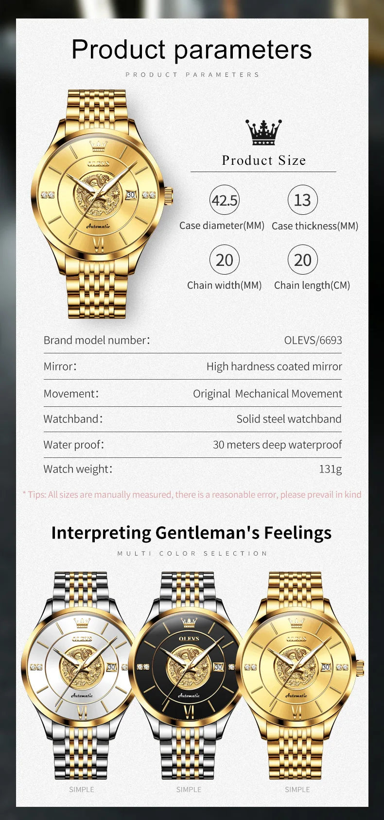 OLEVS brand watch Xianglong relief fully automatic mechanical watch men's watch men's watch 6693