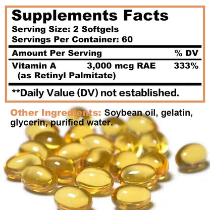 Vitamin A Capsules 3000mcg - Supports Healthy Vision & Immune System - Non GMO