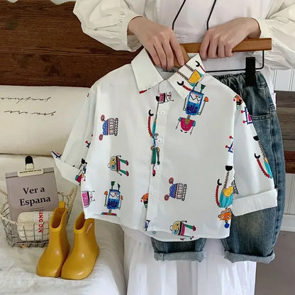 Baby Boys Blouses Toddler Lapel Blouse Kids Long-Sleeved Cotton Tops Full Printed Shirts 2025 Spring Autumn Children's Clothing