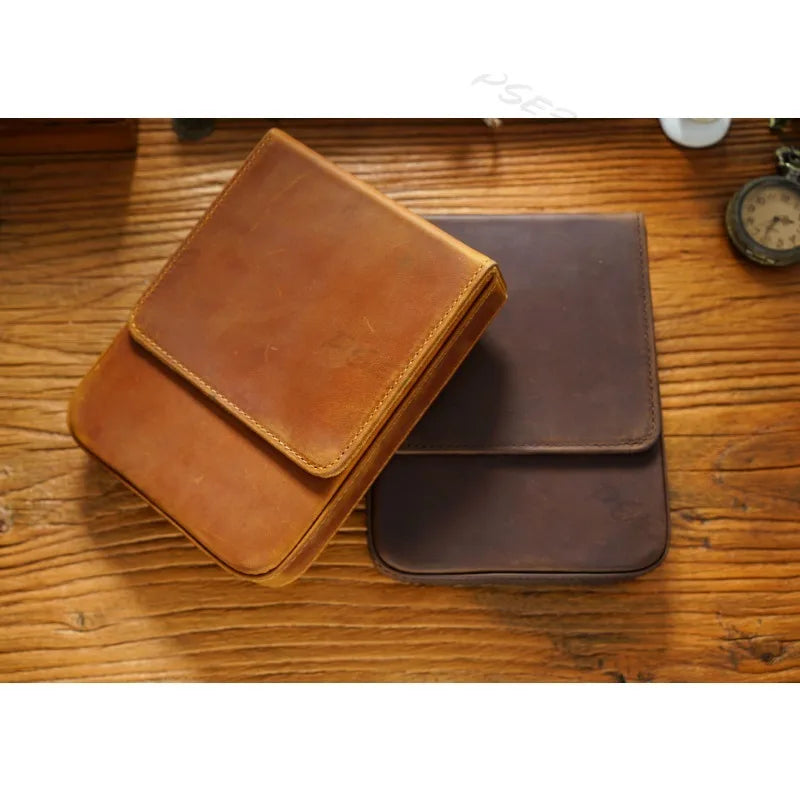 Crazy Horse Leather Pen Box Handmade Magnetic Drawer Style Student Pen Bag Storage Box Office Student Supplies