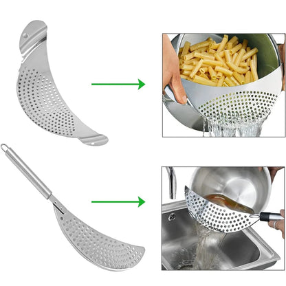 Stainless Steel Pan Pot Strainer with Handle, Pasta Drainer, Colander Water Filter, Vegetable Drainer, Kitchen Slag Separator
