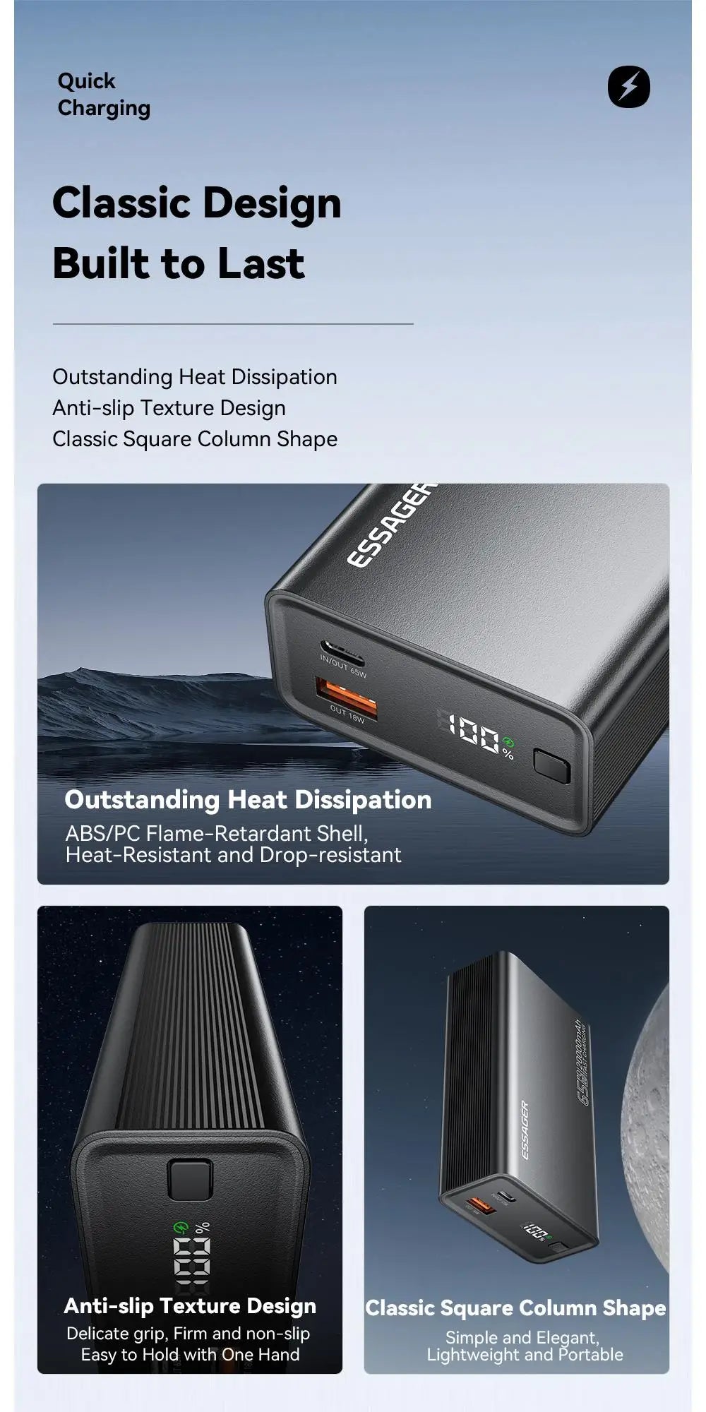 Essager 65W Power Bank 20000mAh PD Fast Charging Portable Battery Charger 3 Output Ports for iPhone 15 14 Pro Notebook Tablet