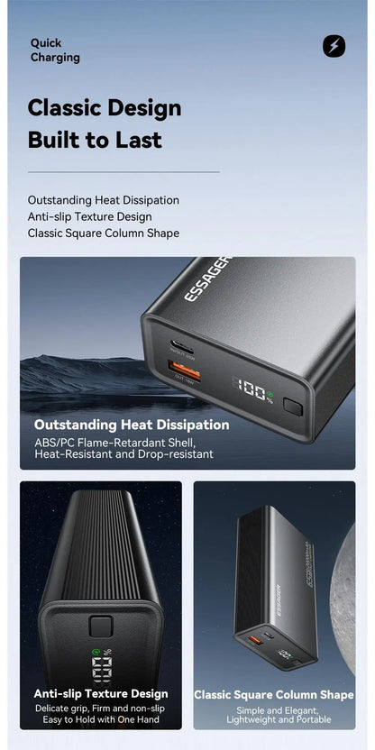 Essager 65W Power Bank 20000mAh PD Fast Charging Portable Battery Charger 3 Output Ports for iPhone 15 14 Pro Notebook Tablet