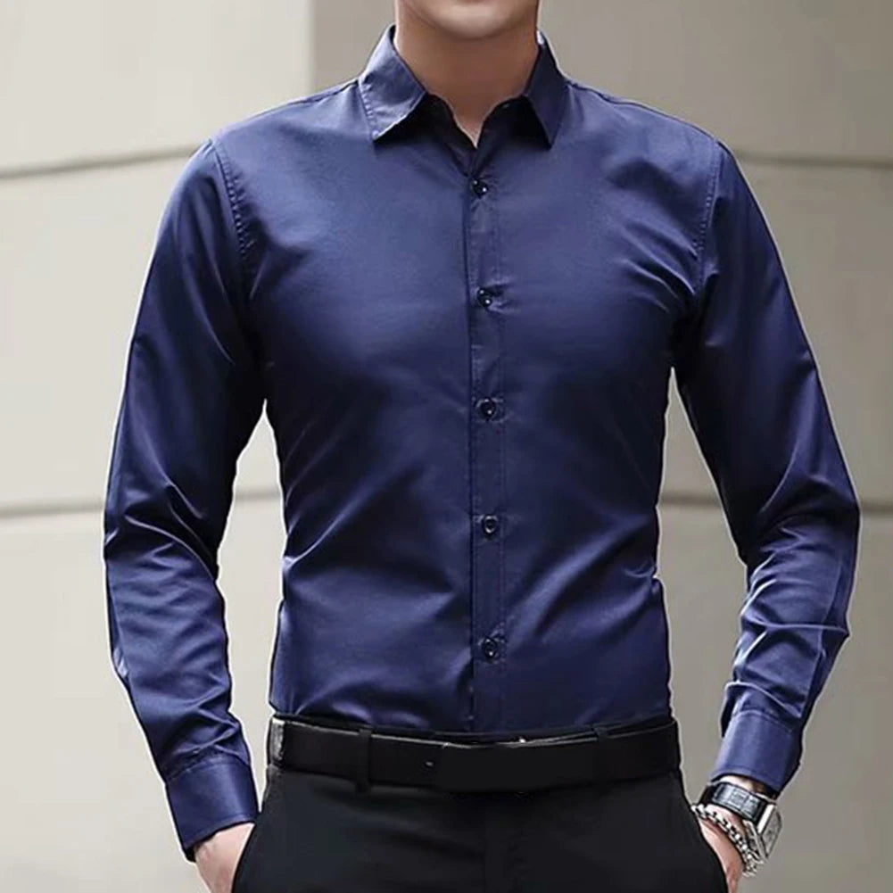 New Men\'s Long Sleeve Drill Button Shirts Tight Business Formal Social Wrinkle Lapel Casual Solid Simple Fashion Male T-shirts