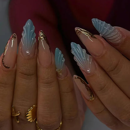 24pcs Romantic Y2k Star Press On Nails Gradient Blue French Style Gold Moon Designs Fake Nail Sweet Almond False Nails For Women