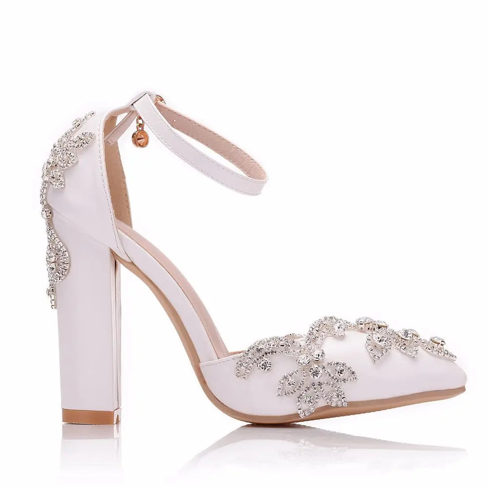 2025 Thick Heel Pointed Toe Shoes Large Size  Thick Heel Sandals Women Rhinestone Wedding Shoes Women White Wedding Shoes Drill