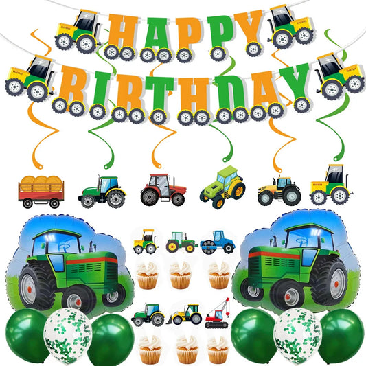Farm Green Tractor Supplies Tractor Balloons Banner Hanging Swirl Cupcake Toppers Tractor Farm Themed Birthday Party Decorations