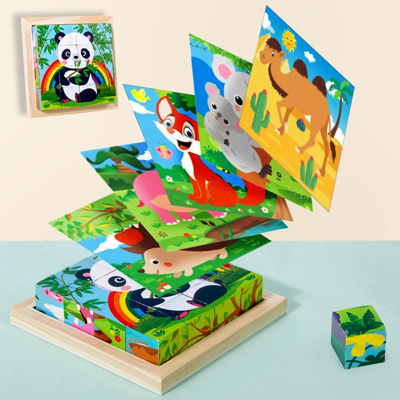 Six Sides Painted Wooden Puzzle Three-Dimensional Traffic Animal Puzzle Building Blocks Early Education Educational Toy