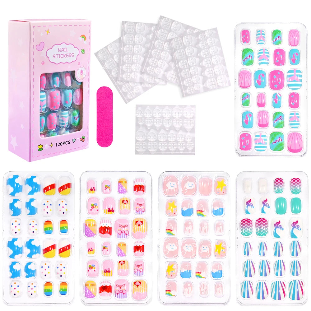 120Pcs Children's Press on Nails Kids Cartoon Acrylic Fake Nails Tips Kawaii Girl Full Cover Short False Nails With Jelly Glue#@