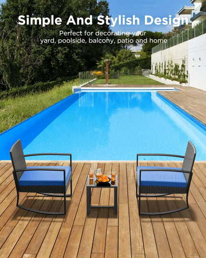 3 Pieces Patio Furniture Set Rocking Bistro Set Outdoor Rattan Conversation with Coffee Table for Garden Balcony Backyard