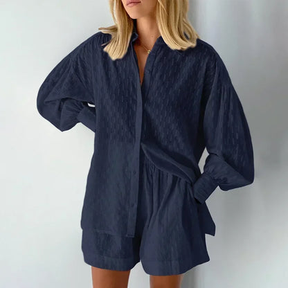 Casual Loose Women Short Two Piece Set Suit Fashion Blouse Long Sleeve Shirt Lady Simple Style Shorts Streetwear Blouse Tops