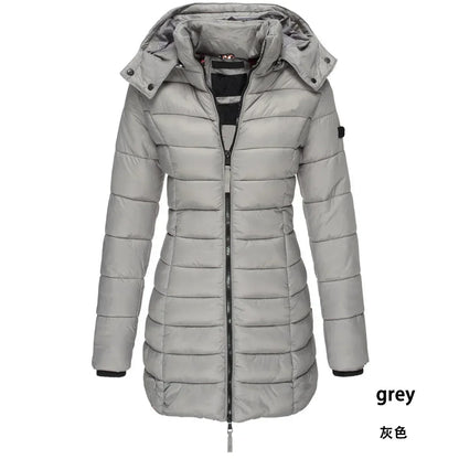 Winter Women's Cotton Jacket Medium Length Slim Fitting Cotton Jacket Warm Solid Hooded Cotton Jacket