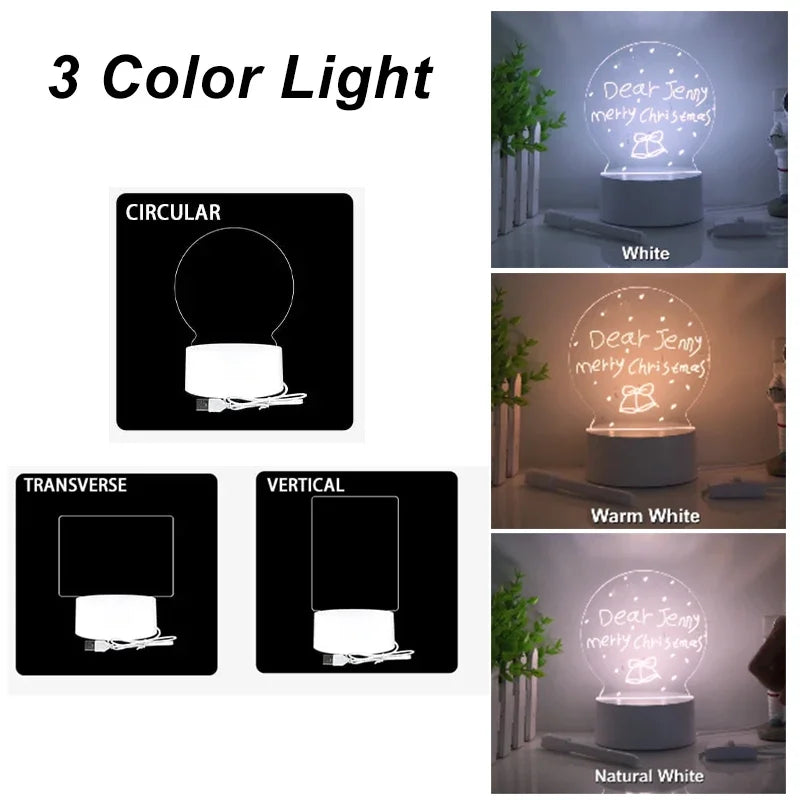 LED Light Note Board USB-Powered with Pen Acrylic Dry Erase Board Clear Desktop Note Message Soft Lights Desk Lamp Gift