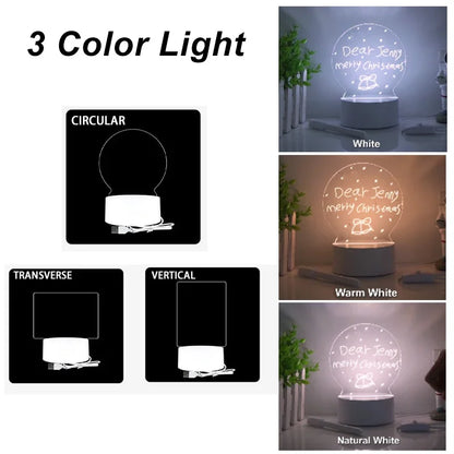 LED Light Note Board USB-Powered with Pen Acrylic Dry Erase Board Clear Desktop Note Message Soft Lights Desk Lamp Gift