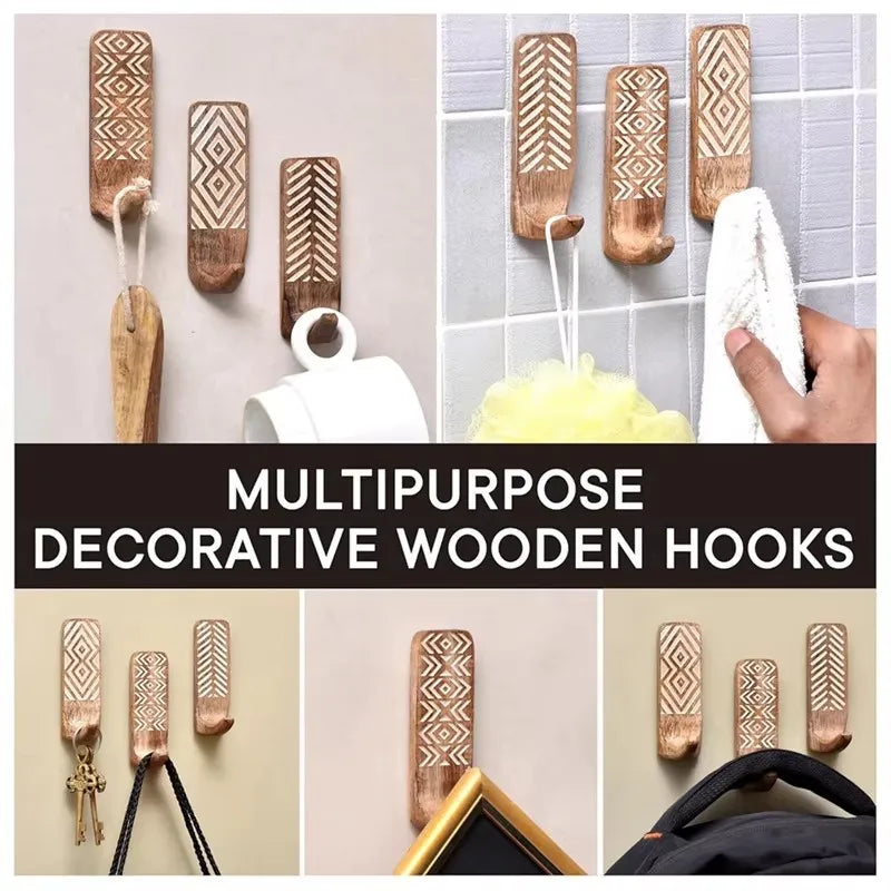 Non-Destructive Wood Wall Hooks - Adhesive Wall Hooks - Boho Decorative Wall Hooks